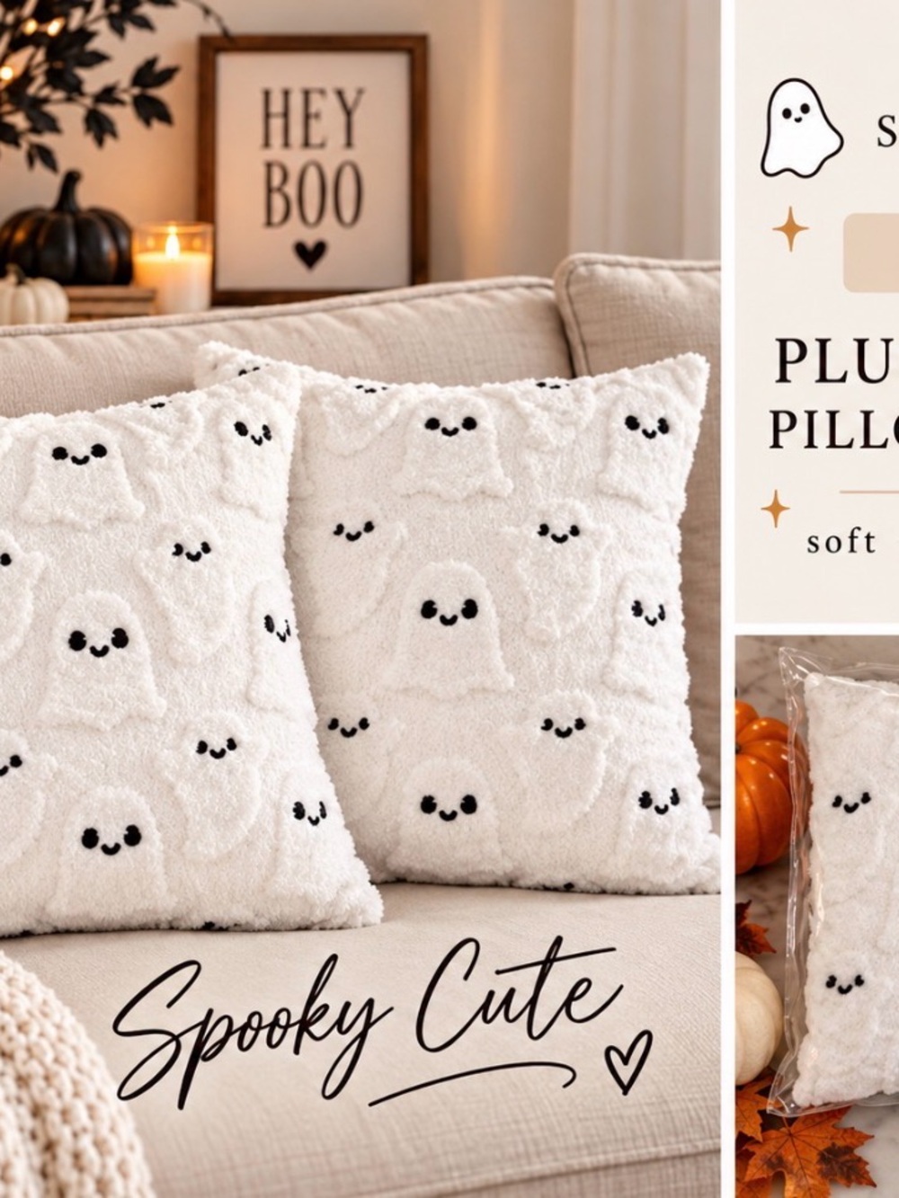 Set of 2 Plush White Ghost Halloween Pillow Covers 18x18